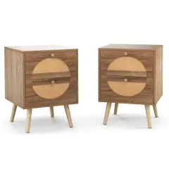 Bohemian Style Bedside Table with 2 Drawers and Solid Pine Wood Legs