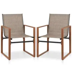 Fabric Patio Dining Chairs Set of 2 with Metal Frame, Ergonomic Design and Adjustable Foot Pads Brown