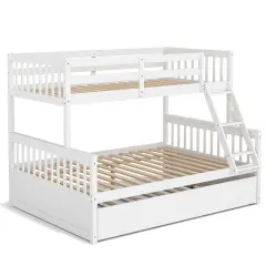 Pine Wood Twin Over Full Bunk Bed with Trundle, Guardrails and Ladder White