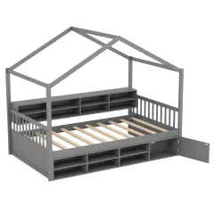 Grey House-Shaped Kids Bed with Storage Cubes, Bedside Shelf and Wooden Frame