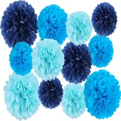 12 Pcs Tissue Pom Poms Kit Decor, Tissue Paper Flowers for Birthday, Boy Baby Shower, Nursery, Graduation, Bachelorette Party Decoration (Blue Mix)