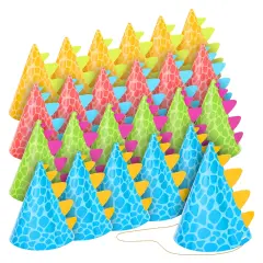 24 Pack Dinosaur Party Hats for Dino Party Supplies, T-Rex Theme Birthday, Baby Shower Decorations (4 Colors), For Ages 3+ Multicolor