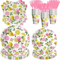 Summer Lemon Party Decorations Tableware, Party Supplies, Plate, Napkin, Cup, Cutlery, Summer Pink Lemon