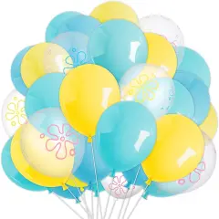 60Pcs Cartoon Sponge Party Balloon Bikini Flower Bubble Printed Latex Balloon Teal Blue Yellow Clear Balloon for Birthday Baby Shower Party Decor, 12 in