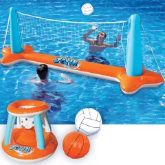 Inflatable Pool Float Set Volleyball Net & Basketball Hoops, Floating Swimming Game Toy for Kids and Adults, Summer Floaties, Volleyball Court (105&rdquo;x28&rdquo;x38&rdquo;)|Basketball (27.6&rdquo;x23&rdquo;),L-Orange