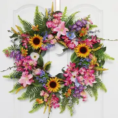 20-22 Inch Summer Floral Wreath Fake Silk Yellow Sunflowers Pink Lily Wild Flowers Floral Wreath with Green Fern Leaves