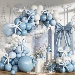 Dusty Blue Balloons Arch Kit, 134 Pcs Muted Light Baby Slate Blue and White Balloon Garland mit 18 Inch Pale Blue Clear Balloon *5, Long Balloon as Bow Decor for Baby Shower Boy Gender Reveal Wedding