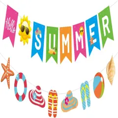 Hello Summer Banner and Beach Patterns Banner Colorful Summer Bunting Banner with Sun Signs Summer Beach Pool Party Banner for Wall Mantle Fireplace Party Hanging Decorations