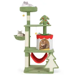 Green and Red Christmas Cat Tree with Condo, Scratcher and Hammock