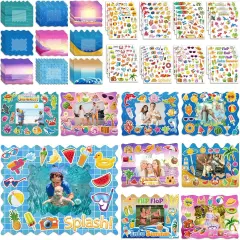54 Packs Summer Picture Frames Craft Kit DIY Photo Frame Craft with Stickers Summer Cardboard Photo Frame Craft Under The Sea Craft Kits Game Activities Beach Pool Party Favors