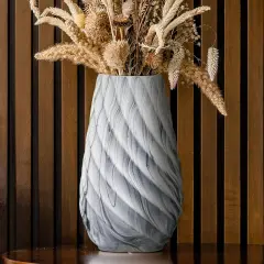 10 inch Tall Ribbed Ceramic Vase for Flowers,Boho Vases for Pampas Grass,Wood Grain Exterior vase,Simple Modern Decorative Vase for Home Decor Table Centerpieces(White)