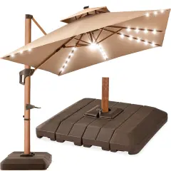 Best Choice Products 10ft Square Woodgrain Pattern 2-Tier Outdoor Solar LED Cantilever Umbrella w/ Base Tan