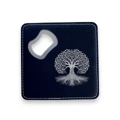 Coaster W/ BOTTLE OPENER - Celtic Tree of Life - SET OF 2 LEATHER Black/Silver