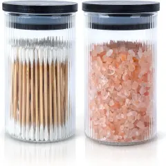 2 Pack Ribbed Glass Qtip Holder Dispenser Set - Apothecary Jars with Lids - Bathroom Canister Storage Organizer and Vanity Makeup Organizer for Cotton Ball, Cotton Swab, Cotton Round Pads,Floss