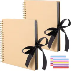 DIY Scrapbook Album, Brown Hardcover Black Paper Spiral Scrapbook Journal with Ribbon and Corner Stickers, Blank Photo Album Bulk for Anniversary Birthday Wedding
