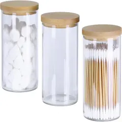 3 Pack Glass Qtip Holder Bathroom Set, Clear Apothecary Jars with Lids, Cotton Ball Swab Round Holder Bathroom Essential Canisters Accessories for Organization and Storage