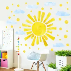 Large Sun Wall Decals Cloud Polka Dots Wall Stickers for Girls Room, 12 Sheets Watercolor Sun Wall Decor Stickers Cute Cloud Wallpaper Delicate Wall Decorations for Kids Room Bedroom