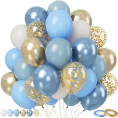 Blue Balloons Set, 50Pcs Blue and Gold Balloons, 12 Inch Dusty Baby Metallic Blue Balloons Metallic Gold Confetti Apricot Beige Balloons for Boys Birthday Boho Wedding Graduation Supplies