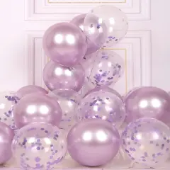 Party Balloons Pack of 42 - Metallic Lavender Balloons and Confetti Latex Helium Balloons With 64ft Ribbons - 12 Inch Lilac Chrome Balloon Decoration Set
