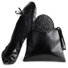 Black Foldable Ballet Flats for Women, Roll Up Flats with Zipper Pouch, US Size 8.5-9.5