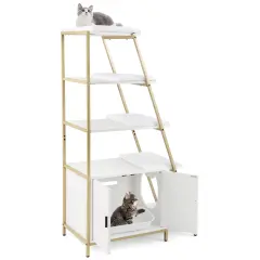 2-in-1 Large Cat Litter Box Double-Door Enclosed Cabinet with 5-Tier Shelves and 5 Soft Plush Mats
