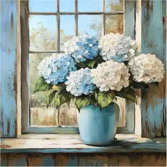 Hydrangeas Paint by Number, Rustic Window Blue Flowers Paint by Numbers for Adults,Easy Acrylic Adults Beginner DIY Oil Painting on Canvas for Gift, Floral Home Wall Decor