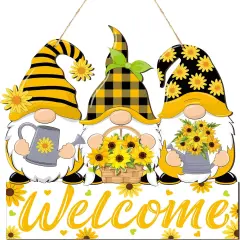 Sunflower Gnomes Welcome Sign Summer Welcome Hanging Decorations Wreath Wooden Hanging Door Sign with Ropes for Porch Front Door Decor Wedding Dinner Home Garden Kitchen Decor