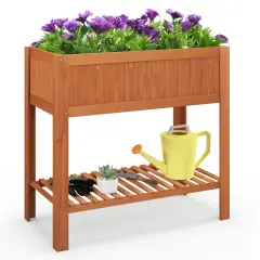 Reddish Brown Fir Wood Raised Garden Bed with Planter Box and Bottom Shelf