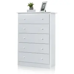 White 5-Drawer Storage Dresser with Anti-Tip Feature and Versatile Use