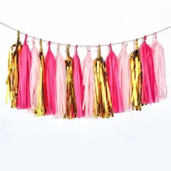 Pink and Gold Tassel Garland,Pink Gold Paper Tassel Banner,Table Decor,Pink and Gold Tissue Tassels Party Decor Supplies for Party,DIY Kits - (15 PCS)
