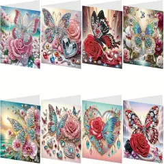 8pcs Flower Butterfly Diamond Art Painting Greeting Card, 5D DIY Special Shape Diamond Painting Christmas Birthday Mother's Day Father's Day Teacher's Day Greeting Card Creative Gifts