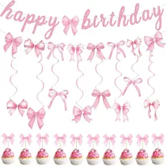 Pink Bow Banner Hanging Swirls with Bowknot Cupcake Toppers Happy Birthday Garland for Baby Shower Girls Pink Bow Room Decor Coquette Birthday Party Decorations