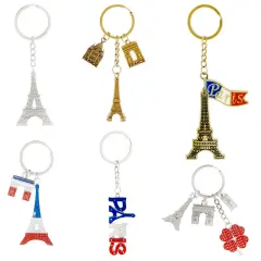 6 Pack Paris Keychain Souvenir Gifts, France Souvenir Gift, Key Rings with Eiffel Tower, French Flag, and Arc de Triomphe Multicolor