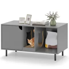 Engineered Wood Cat Litter Box Cabinet with Scratcher and Storage Gray