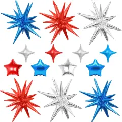 14pcs Blue Red Silver Star Balloons, Mixed Star Foil Balloon, 22Inch Explosion Stars Balloons with 10Inch Stars Shaped Balloon, for Birthday Graduation 4th of July Independence Day Party Decorations