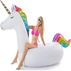 Giant Inflatable Unicorn Pool Float Floatie Ride On with Fast Valves Large Rideable Blow Up Summer Beach Swimming Pool Party Lounge Raft Decorations Toys for Kids Adults