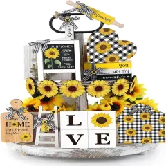 15 Pcs Sunflower Tiered Tray Decor Set Wooden Sunflower Ornament Rustic Sunflower Decorations Farmhouse Sunflower Sign for Gifting Table Home Decor