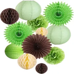 12Pcs Green and Brown Party Decorations Paper Tissue Pom Poms Honeycomb Balls Paper Fans Hanging Deco Green Lanterns for Jungle Safari Summer Birthday Wedding Party