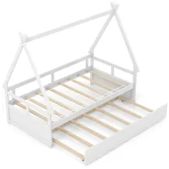 Twin Size House Frame Bed with Trundle, Wooden Construction and Creative Design White