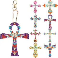 8 Pcs Diamond Painting Keychains Double Sided Cross Shaped Rhinestone Painting Art Gem Key Rings DIY Glittering Ornament Pendant for Beginners Adults Kids Art Craft Supplies Gift (Cross B)