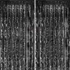 2pcs 3ft x 8.3ft Black Metallic Tinsel Foil Fringe Curtains Photo Booth Props for Birthday Wedding Engagement Bridal Shower Baby Shower Bachelorette Holiday Celebration Party Decorations