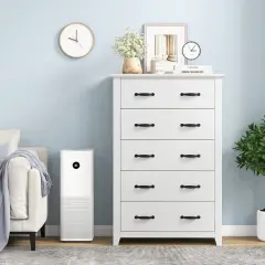 Tall Storage Dresser with 5 Slide Out Drawers and Smooth Metal Slide Rail Perfect for Any Room White