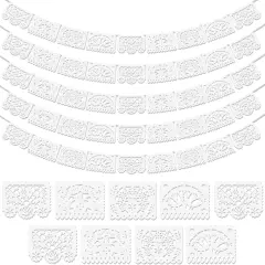5 Pack White Papel Picado Banner, Cinco De Mayo Plastic Mexican Party Banner Wedding Fiesta Party Decoration May 5 Mexican Themed Party Decor, Mexico Birthday Party Supplies - 4 Patterns/90Ft