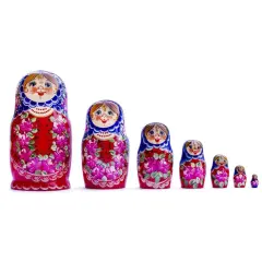 Set of 7 Blue Scarf Red DressNesting Dolls 8.5 Inches