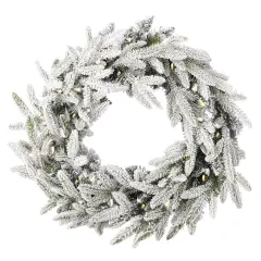 Christmas Royal Oaks Flocked Fir 24in Wreath, Pre-Lit 40 Warm White LED Lights w/ 8 Functions, 110 PE/PVC Tips