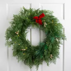 Northlight Real Touch&trade; Cedar and White Pine Artificial Christmas Wreath - 30" - Warm White LED Green