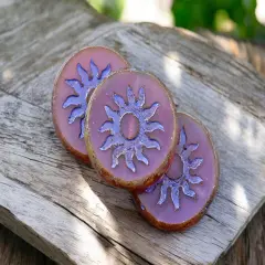 *2* 21mm Purple Washed Pink Opal Picasso Table Cut Sun Design Coin Beads