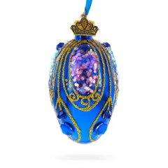 Royal Blue with Gold Glitter and Iridescent Sequins Mini Glass Egg Ornament 2.9 Inches