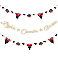 Big Dot of Happiness Red Carpet - Movie Party Letter Banner Decor 36 Cutouts & No-Mess Real Gold Glitter Lights Camera Action Banner Letters