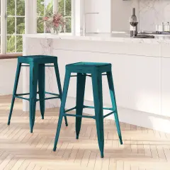 Merrick Lane Elba Series Metal Stool with Powder Coated Finish and Integrated Floor Glides Kelly Blue-Teal